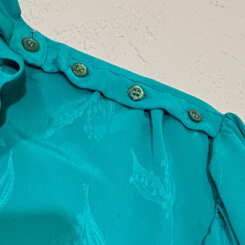 Bethany Classics Blouse Womens XL Teal Ruffle Neck Jacquard Long Sleeve - Picture 4 of 9